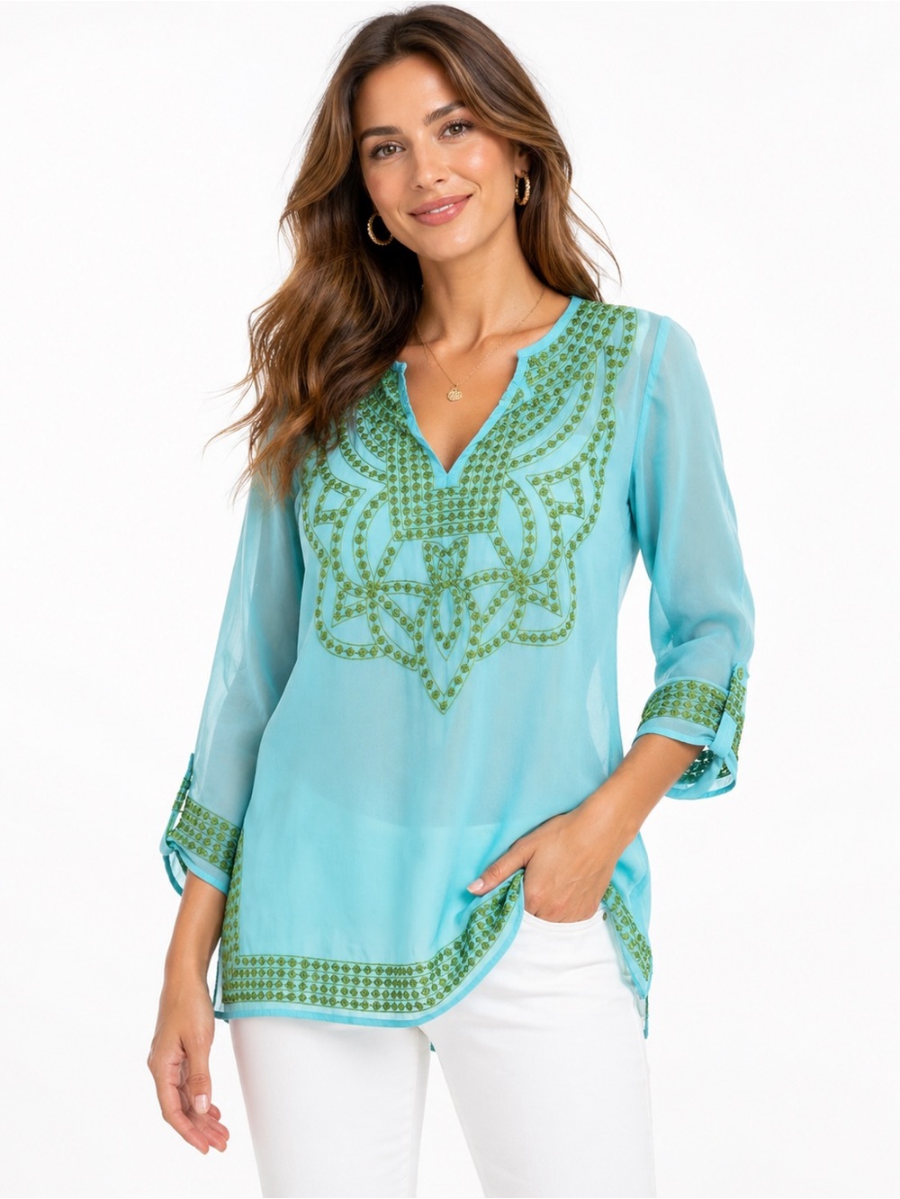 Gretchen Scott Size Medium Sheer Embroidered Blue and Green Women's Cover Up Top